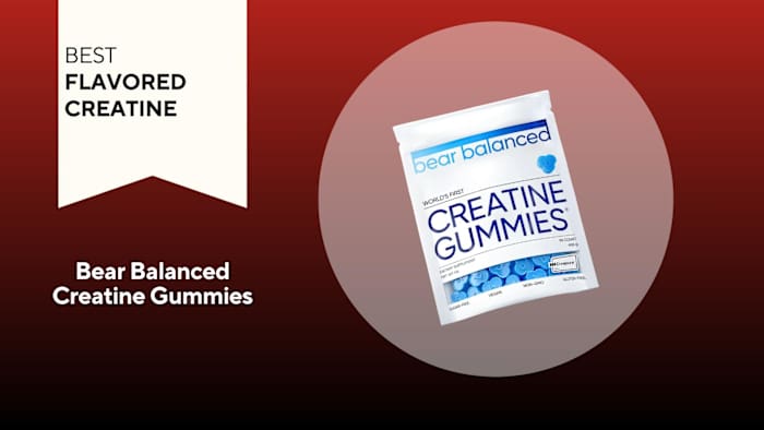 A red and black background with a white banner that reads Best Flavored Creatine next to a bag of Bear Balanced Creatine Gummies